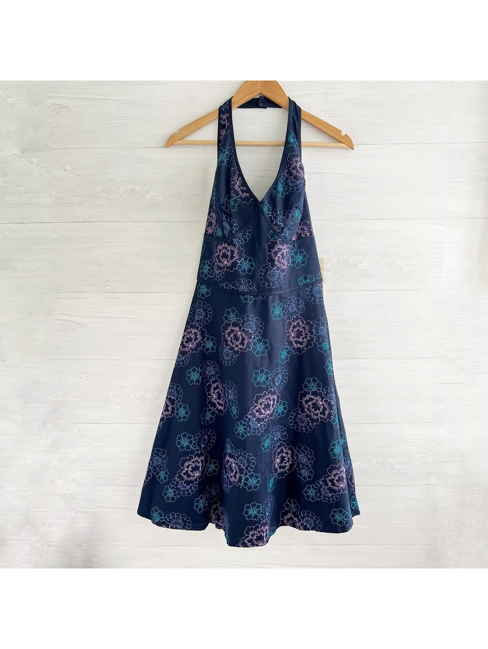 NWT Amanda Smith Y2K Navy Floral Embroidered Halter A-Line Dress Sz 6